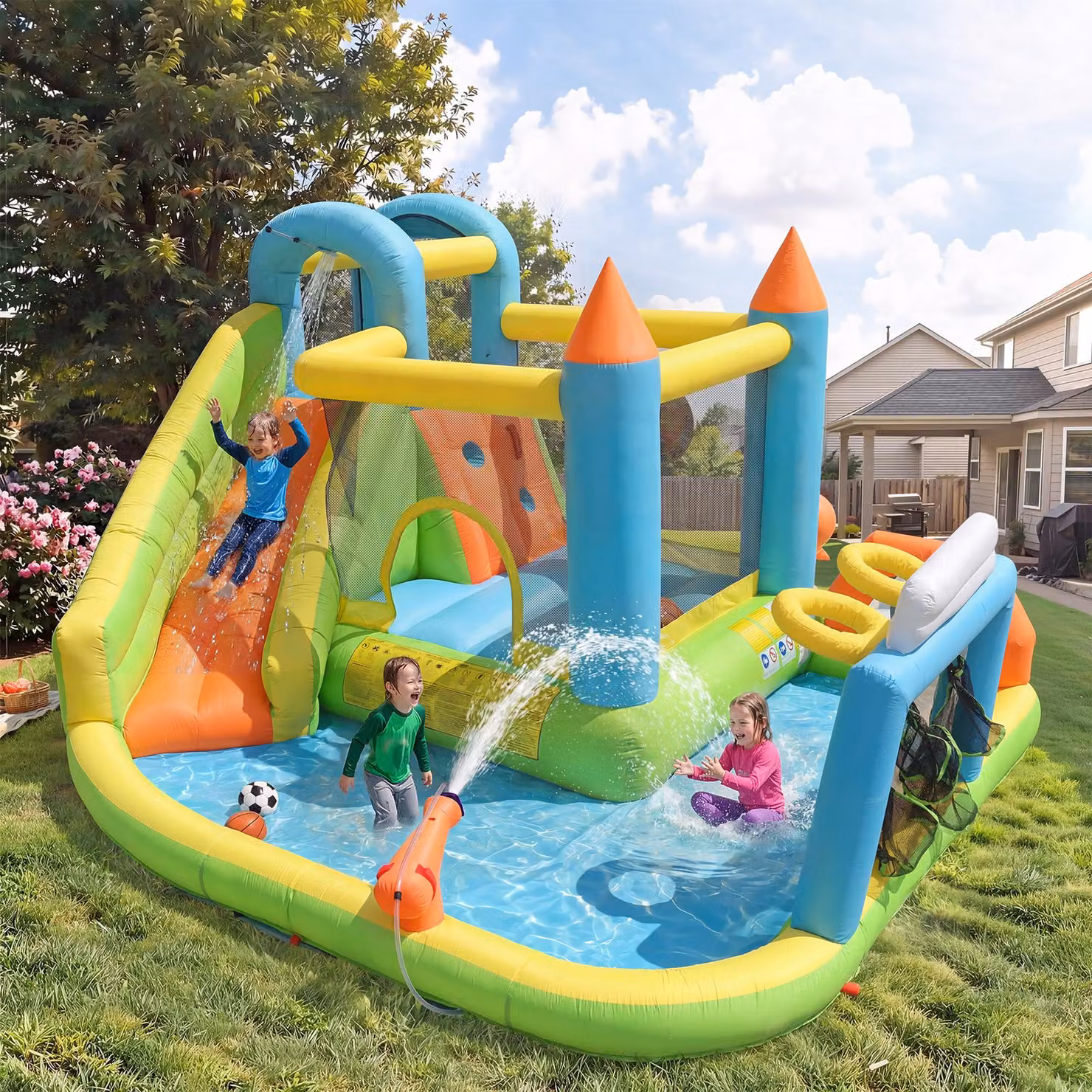 Castello gonfiabile Parco acquatico GL Store con scivolo e piscina per bambini, Multicolore, L: 360 cm, P: 320 cm, H: 200 cm – 2
