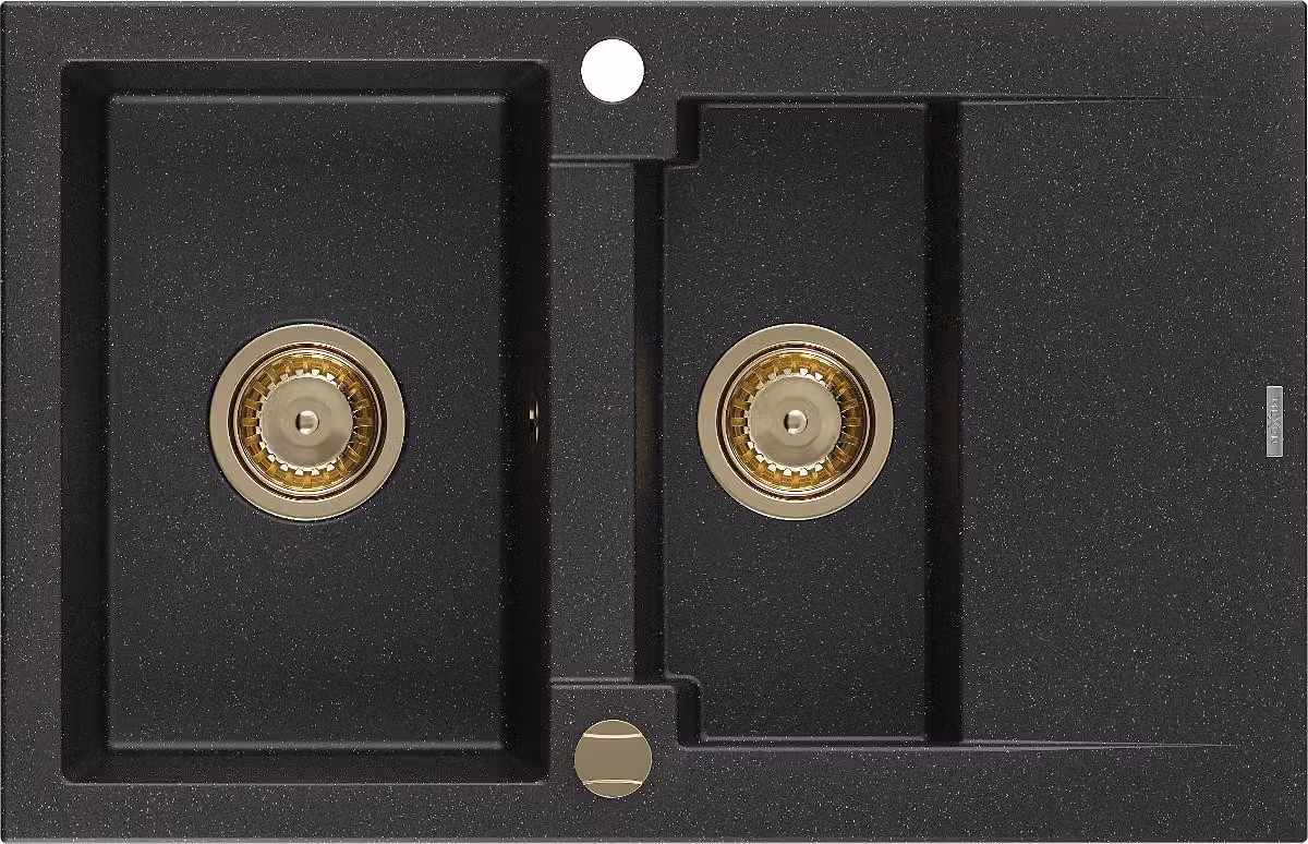 Mexen Gaspar lavello in granito 1,5 vasche con sgocciolatoio 737 x 475 mm, nero/argento metallizzato, sifone dorato