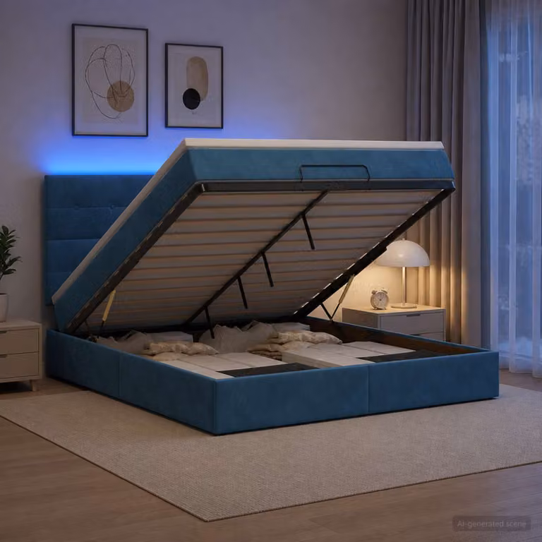 vidaXL Letto Ottomano in Velluto Blu con Materasso Ibrido e Illuminazione LED Sotto il Letto L: 140 cm, P: 190 cm, H: 88 cm
