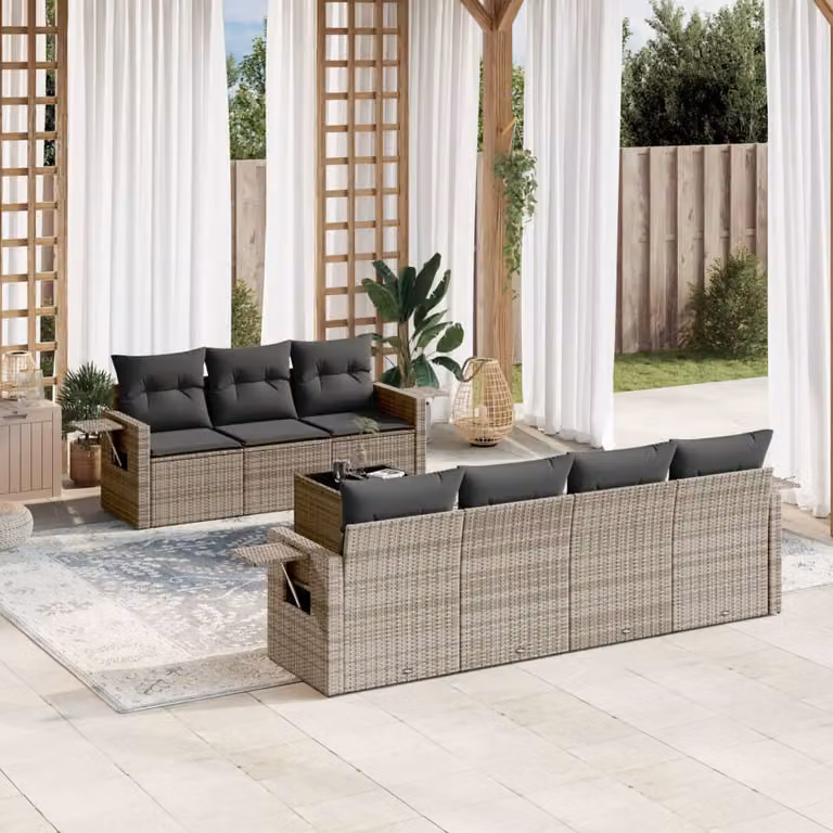 vidaXL Set Divano da Giardino 8 pz in Polyrattan Grigio con Cuscini e Tavolino