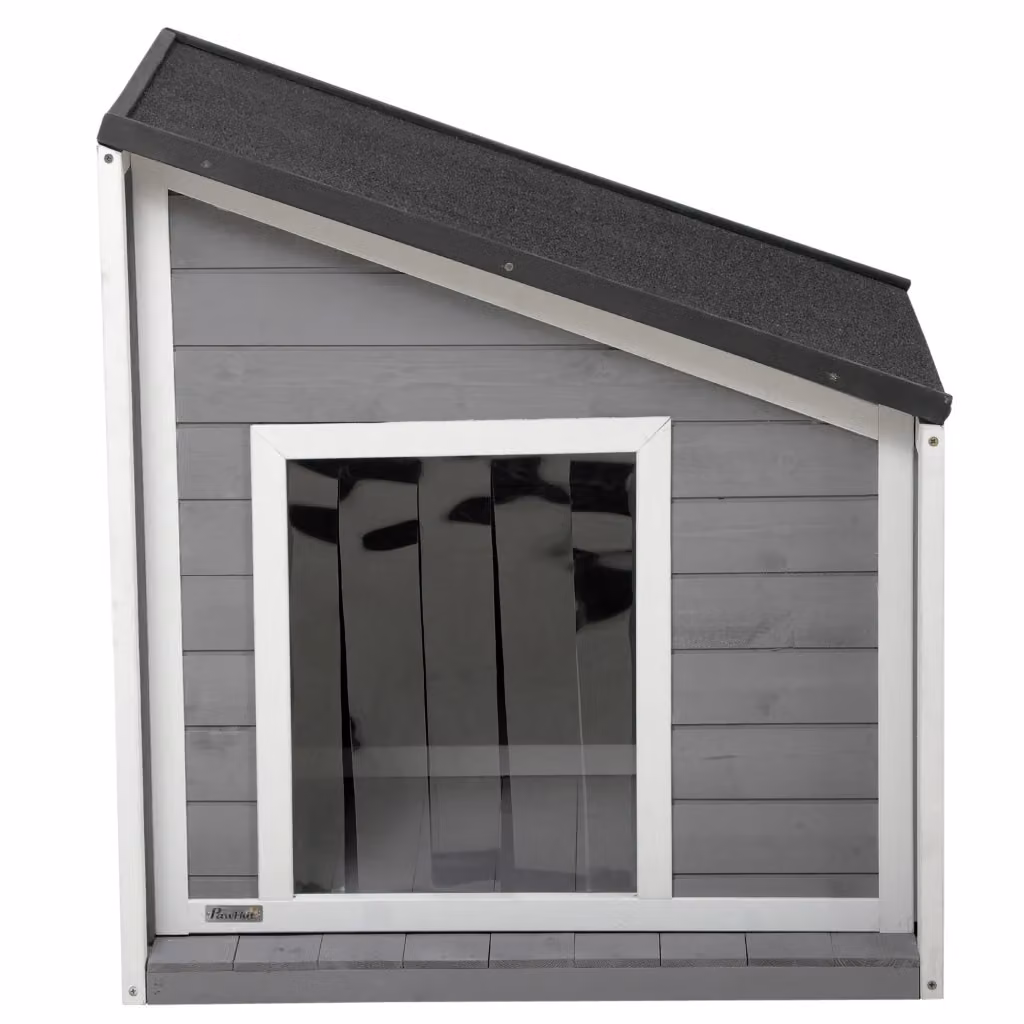 Cuccia per cani XYLO in legno massello con tetto bituminoso rimovibile, resistente alle intemperie, L: 71 cm, P: 58 cm, H: 77 cm, Grigio e Bianco – 2