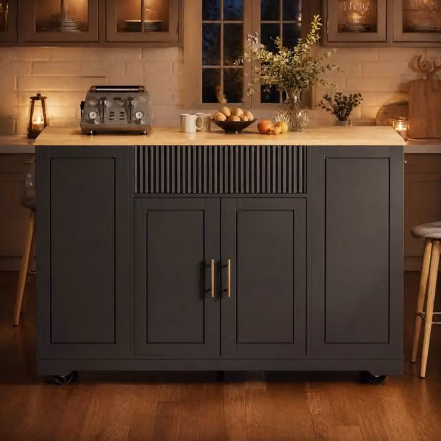 Isola cucina mobile in MDF 120x50x92 cm con 2 ante, 3 cassetti e vano per cassonetto - colore nero con piano effetto legno