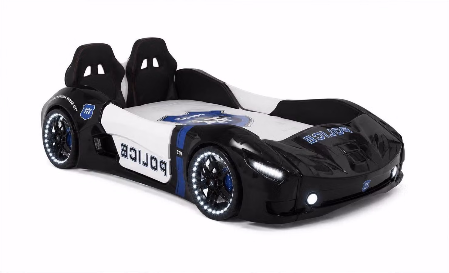 Letto per bambini Autobett, design auto da corsa, colori nero e bianco, con luci LED