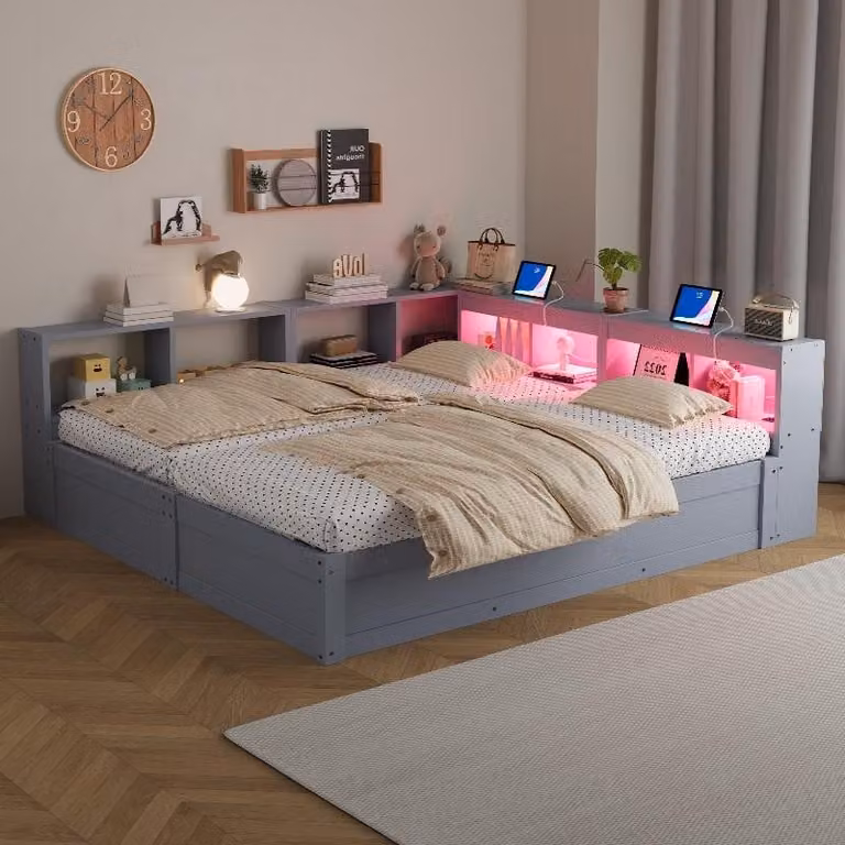 Letto contenitore 90/180 x 200 cm, colore grigio, realizzato in legno di pino e MDF, dotato di striscia LED e presa di corrente europea, ideale per la camera da letto
