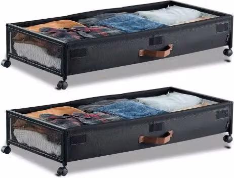 Set di 2 contenitori sottoletto VEVOR con coperchio trasparente e rotelle girevoli a 360°, colore nero, L: 91,5 cm, P: 46 cm, H: 18,5 cm