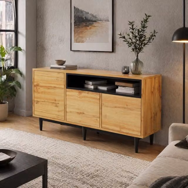 Credenza moderna in legno marrone con tre ante e ripiani, L: 160 cm, P: 35 cm, H: 76 cm