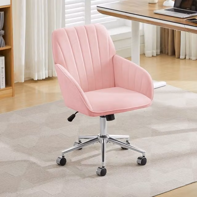 Sedia girevole da ufficio regolabile in velluto rosa