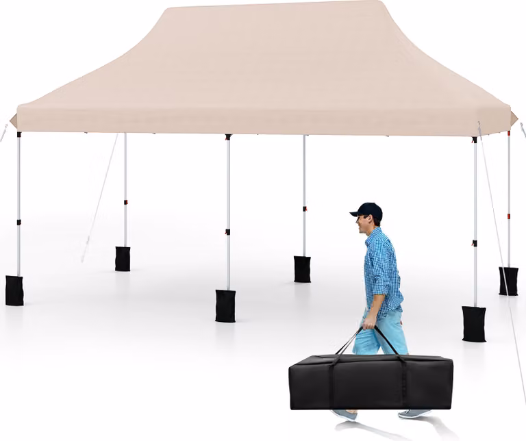 COSTWAY 3x6m gazebo, gazebo pieghevole per feste idrorepellente, stabile, protezione UV 50+, regolabile in altezza, gazebo da giardino con borsa di trasporto Beige