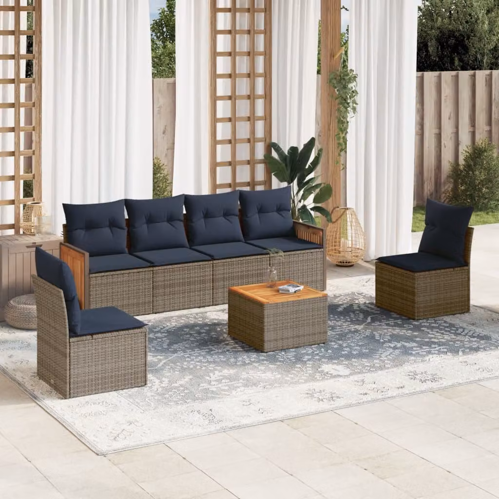 Set da giardino vidaXL in polyrattan composto da 7 pezzi con cuscini grigi e blu e tavolino coordinato