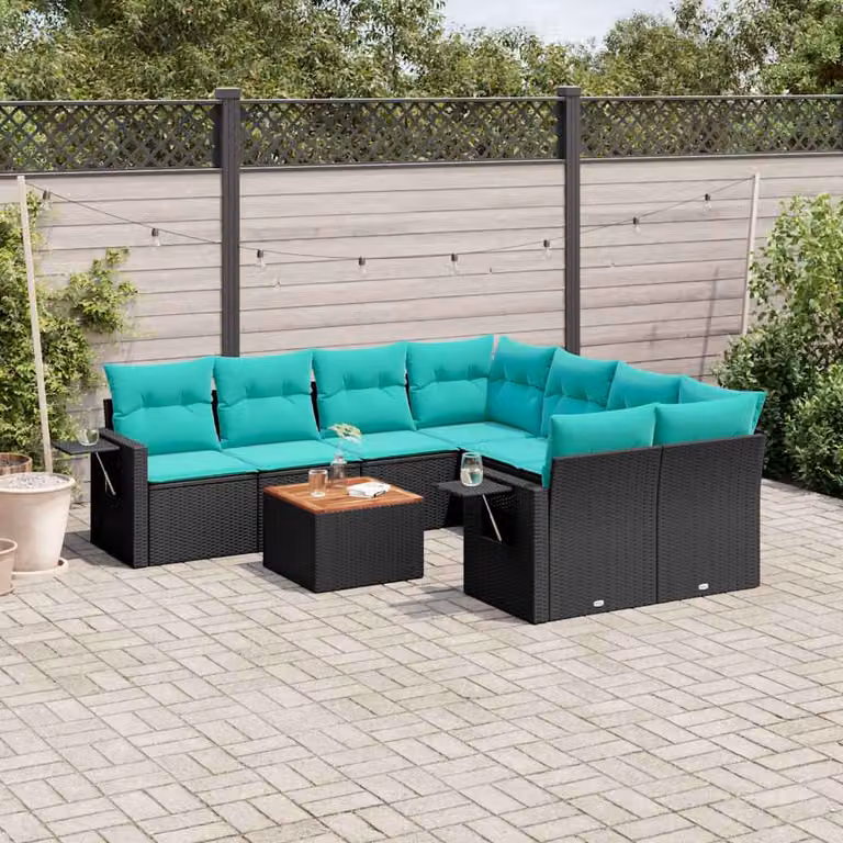 Set di divani da giardino vidaXL a forma di U in polyrattan nero con cuscini e tavolino da esterno