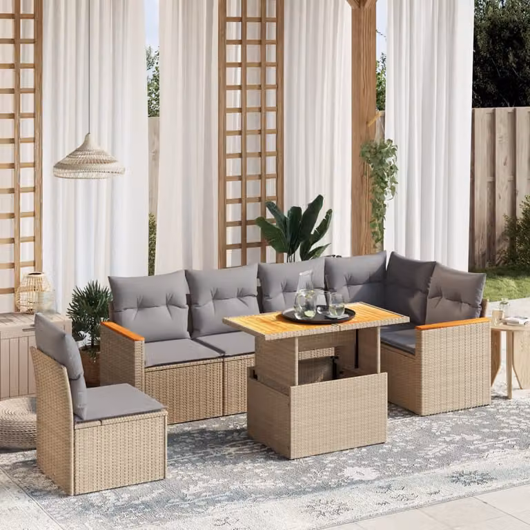 vidaXL Set Divani da Giardino 7 pz a L in Polyrattan con Cuscini Beige e Tavolino