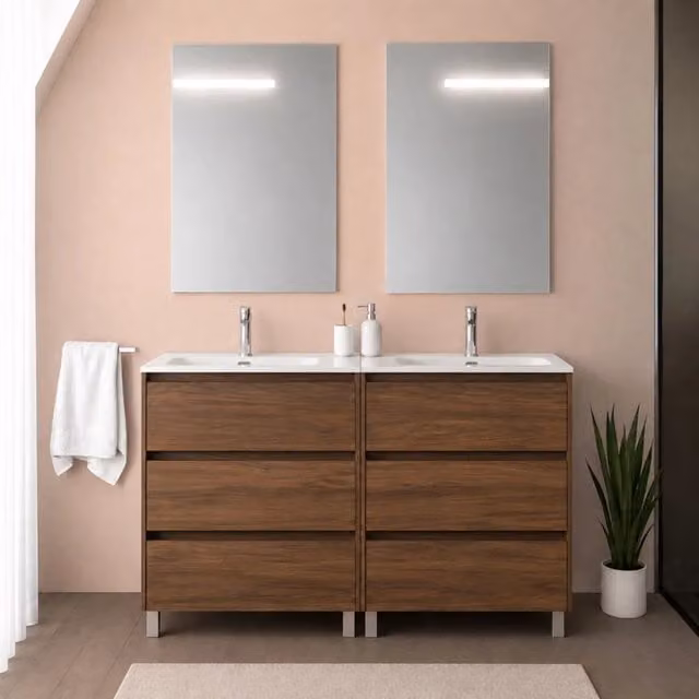Mobile bagno a terra 120 cm noce maya sei cassetti e doppia vasca Gaya