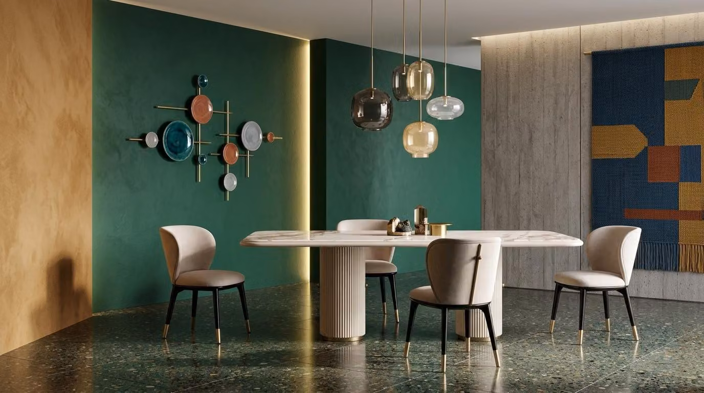 Set da pranzo beige elegante, composto da tavolo e sedie. Arredamento per sala da pranzo, mobili di design