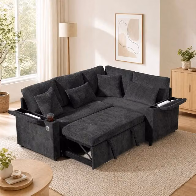 Divano letto angolare estraibile con contenitore; USB e portabicchieri; ciniglia grigio scuro; 206;5 × 141 × 86 cm
