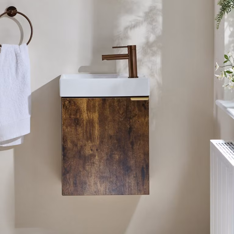 Mobile Bagno Rovere Scuro Sospeso da 400mm con Lavabo e Maniglia con Impugnatura a Dito in Rame Satinato - Cluo