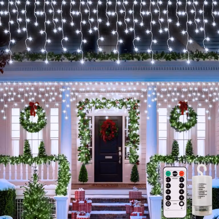 Catena luminosa a forma di tenda di ghiaccio, lunghezza 6 metri, 300 LED, luce bianca fredda, con telecomando