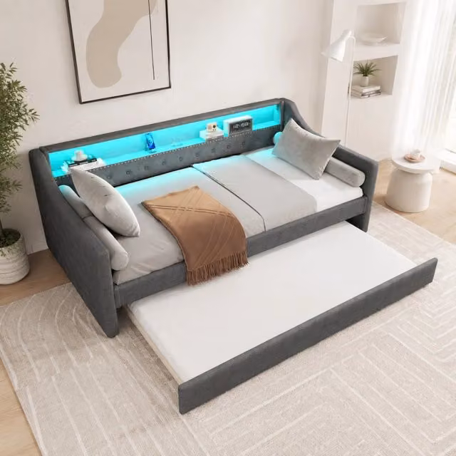 Letto da giorno ULEVR 90x200 cm con letto estraibile, LED controllabile tramite app e porte USB, grigio