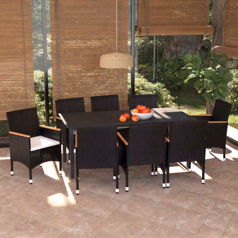 Set da pranzo da giardino vidaXL in legno di acacia oliato e polyrattan con piano in vetro, 9 pezzi, nero e bianco