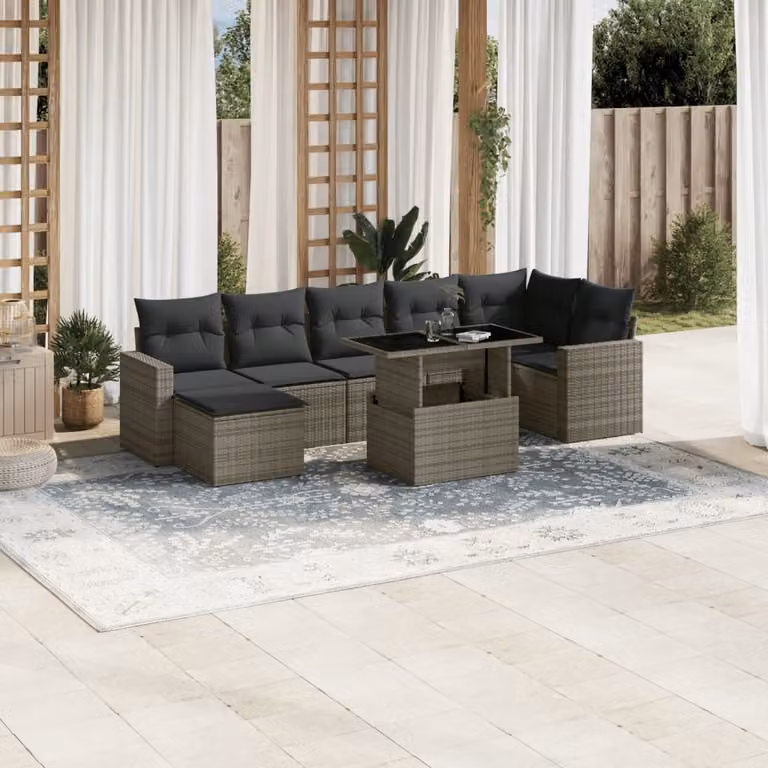 Set Divano da Giardino vidaXL 8 pz in Polyrattan Grigio con Cuscini e Tavolino