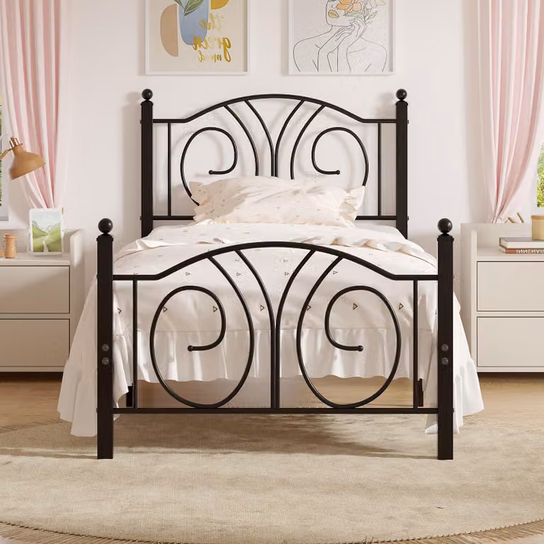 Letto matrimoniale in metallo, dimensioni 90x200 cm, con alta testiera, colore nero