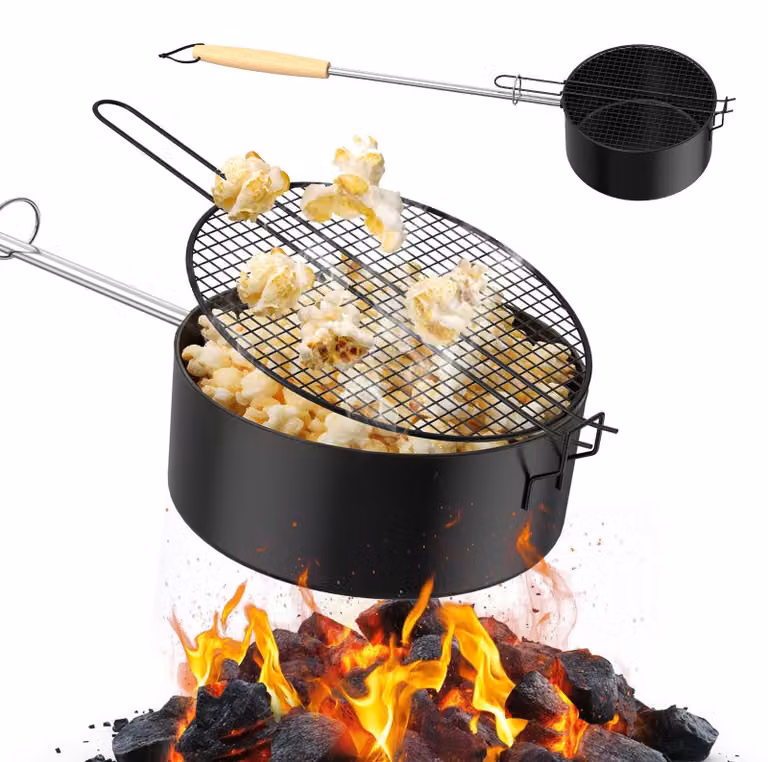 Padella per popcorn da utilizzare all'aperto, Acciaio al carbonio con rivestimento antiaderente