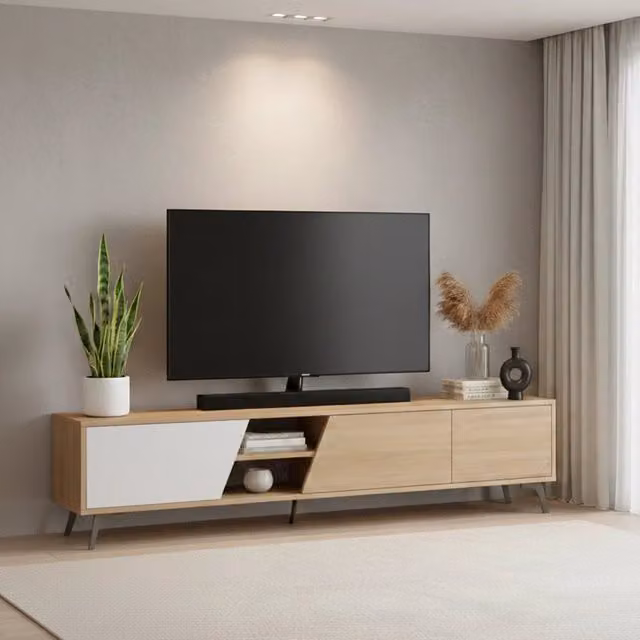 Mobile porta TV DMORA con un ripiano, design moderno in legno color quercia marrone, L 180 cm x P 36 cm x H 48 cm – 1