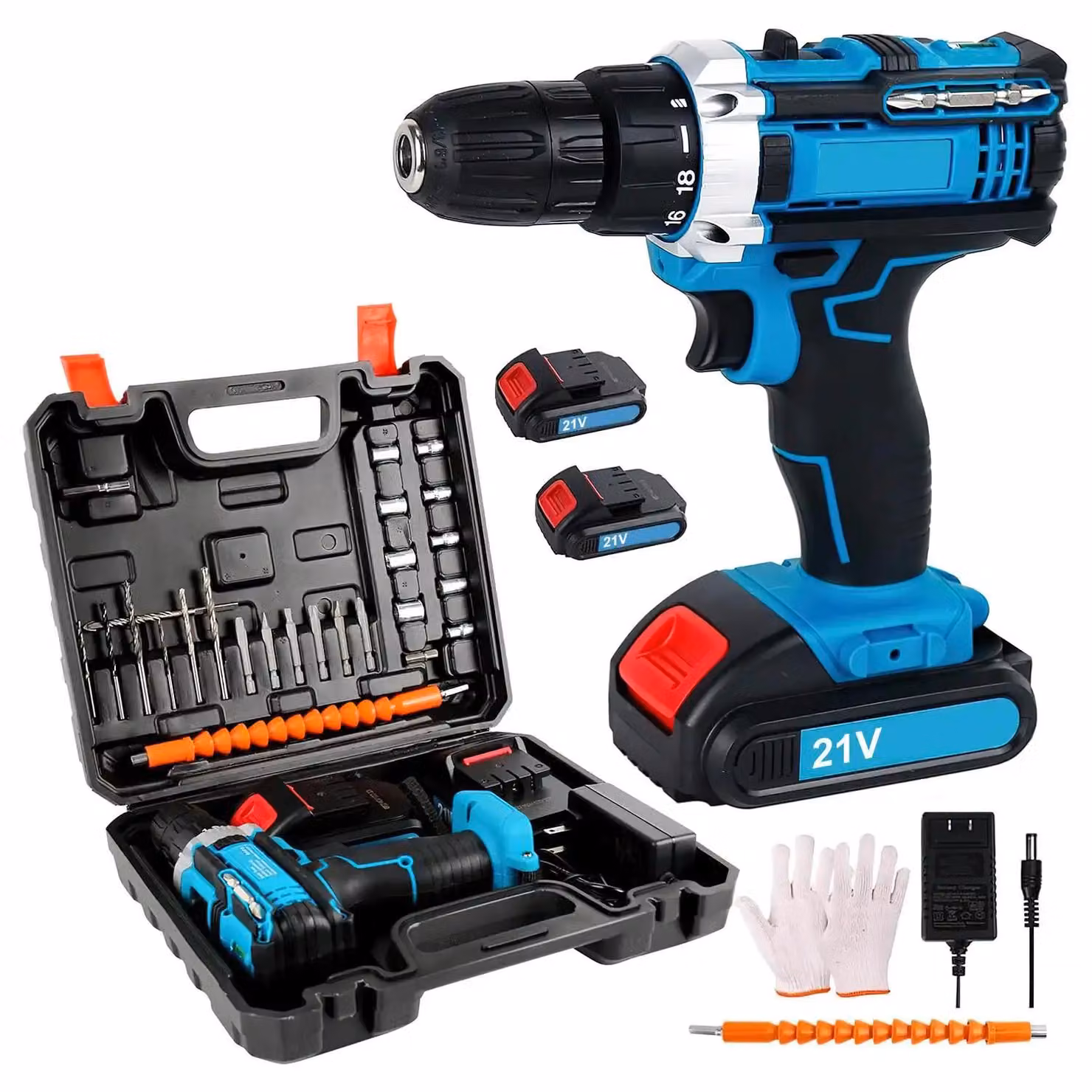 Trapano avvitatore a batteria - 21V - Coppia di 45 Nm - Motore brushless - 1800 giri/min - 2 batterie agli ioni di litio - Funzione martello
