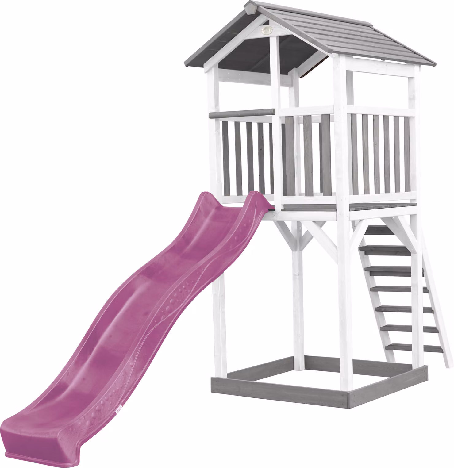 AXI Beach Tower parco giochi in legno in grigio e bianco | Torre di gioco per bambini con sabbiera e scivolo viola | Casa per bambini su palafitte per il giardino