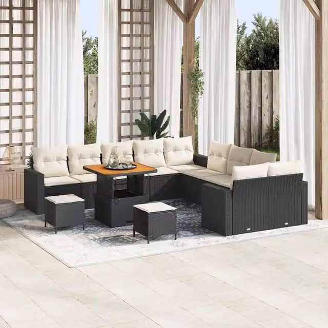Set Divano da Giardino vidaXL a 10 posti con Tavolino e Pouf, Colore Nero e Beige, Struttura in Acciaio e Tessuto Resistente ai Raggi UV