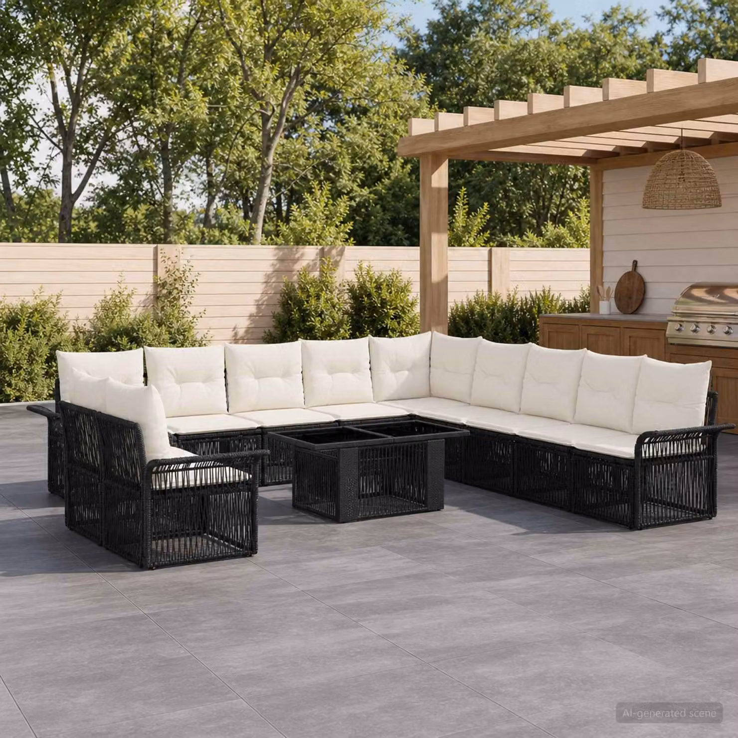 Set Divano da Giardino L-Shape vidaXL 12 pz Nero e Bianco Crema con Cuscini e Tavolino da Caffè in Polyrattan e Acciaio