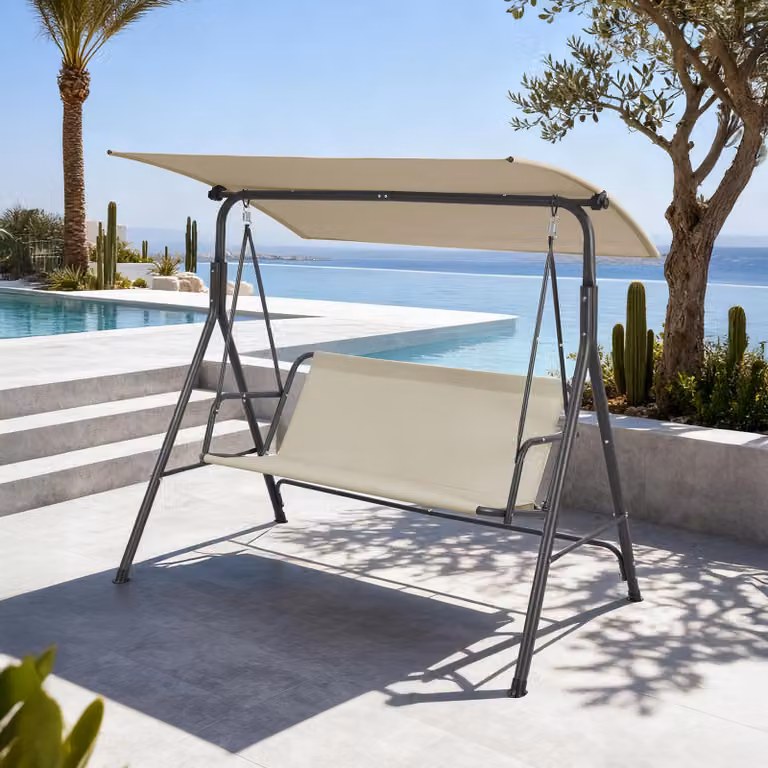 Altalena Hollywood "Satten" a 3 posti con tendalino parasole, struttura in acciaio 173 x 119 x 153 cm Grigio / Beige