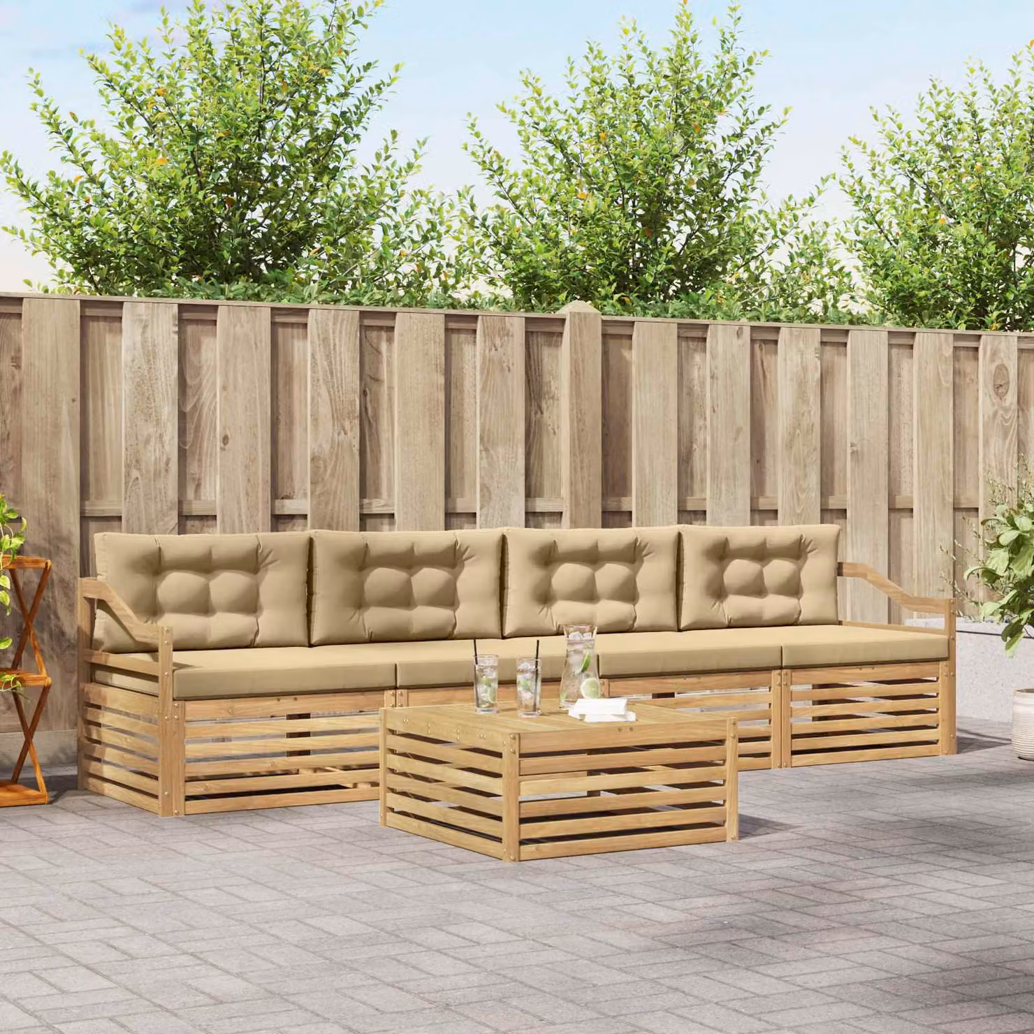 Set di mobili da esterno vidaXL composto da 5 pezzi in legno di acacia con divani e tavolino da caffè, colori bianco e beige
