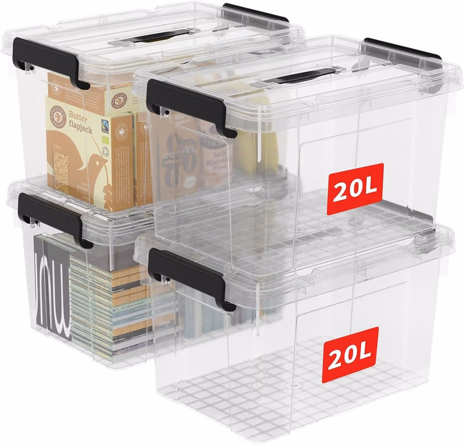 Contenitori impilabili, capacità 20 litri, set da 4, con coperchio e maniglie, ideali per abbigliamento e uso ufficio