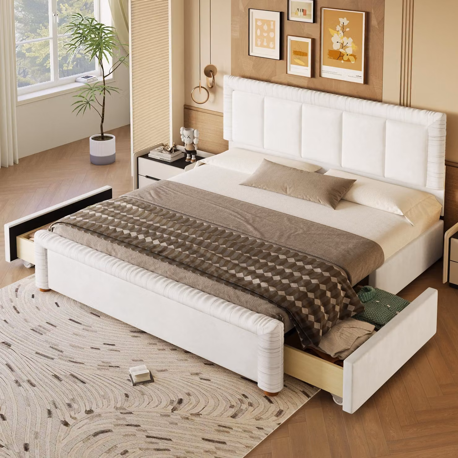 Letto imbottito okwish 180x200 con 2 cassetti, montabile a sinistra o a destra, letto matrimoniale con spazio contenitore, letto per ragazzi color beige, senza materasso