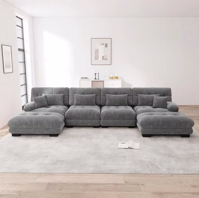 Divano modulare angolare 406x145x81 cm in tessuto grigio, con ottomana, per soggiorni –