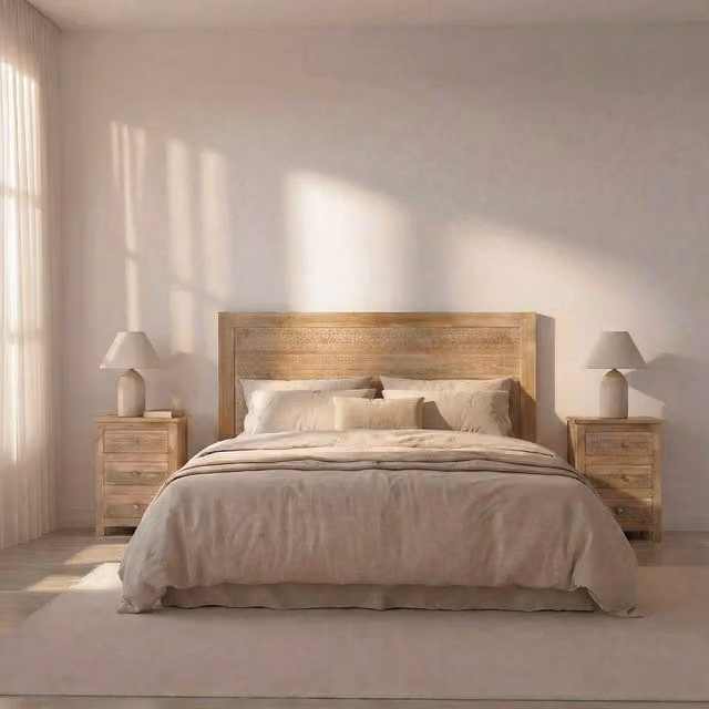 Testiera Zilara Banak in legno massello di mango intagliato con decoro floreale, colore beige, L: 160 cm, H: 90 cm
