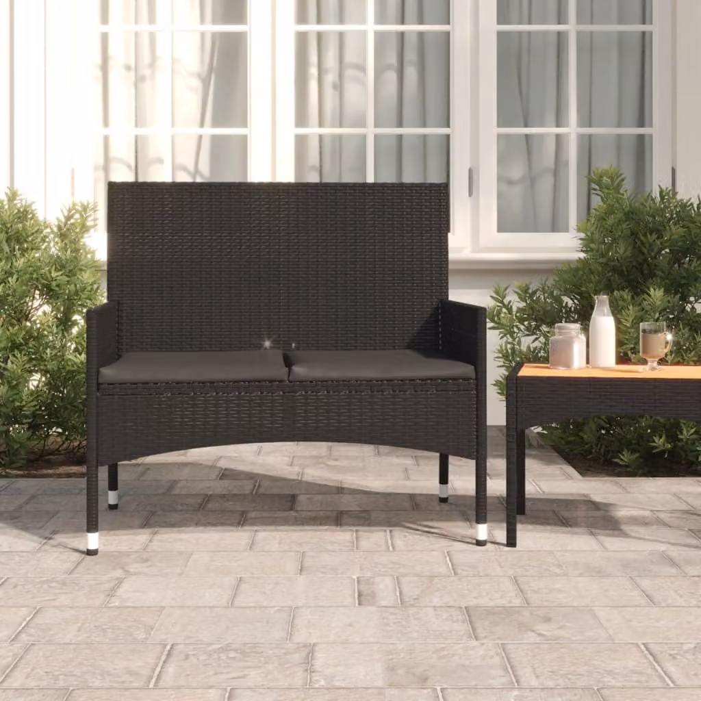 The Living Store Panca da giardino a 2 posti con cuscini in Poly Rattan nero