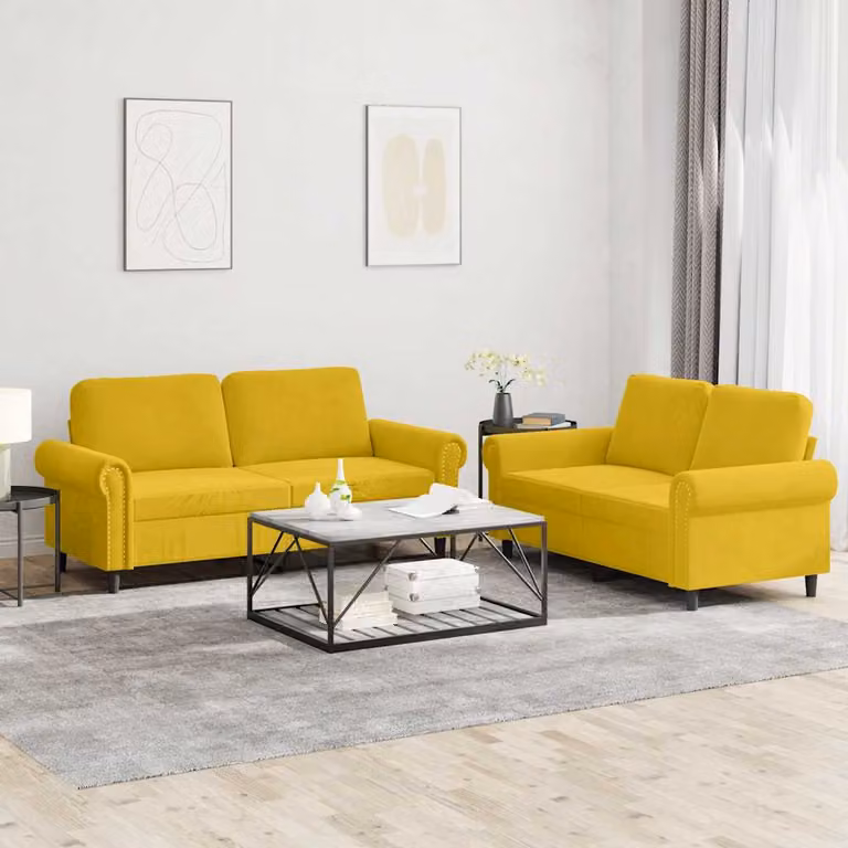 Set di 2 divani vidaXL in velluto giallo con cuscini per soggiorno in stile moderno