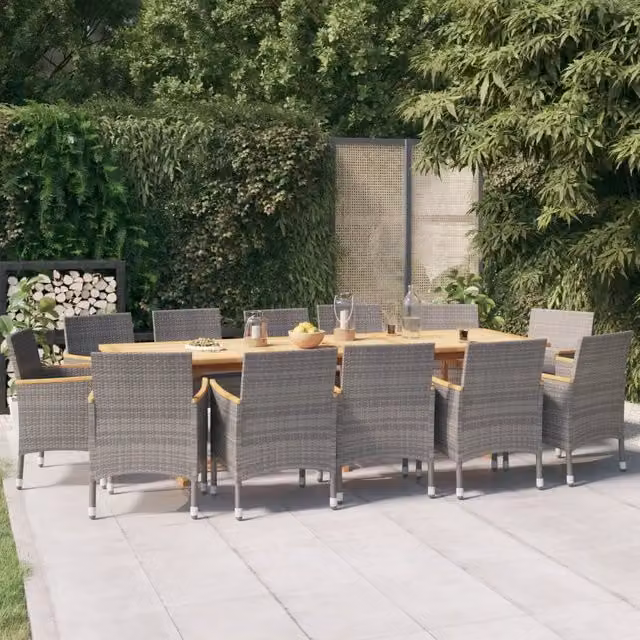 Set da pranzo per giardino e terrazzo vidaXL in legno di acacia con 13 pezzi e cuscini grigi