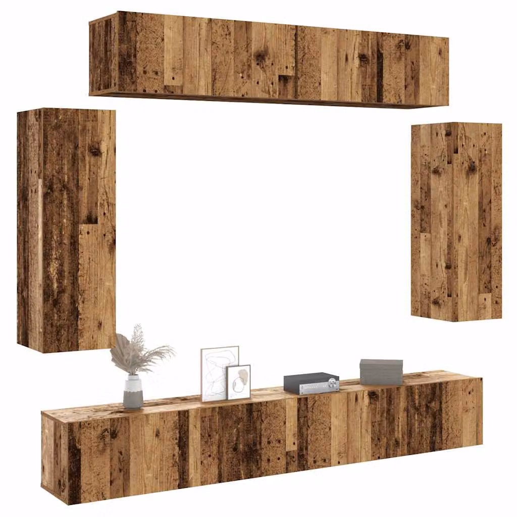 Set Mobile TV vidaXL da 6 pezzi in MDF colore marrone effetto legno antico per soggiorno, montaggio a parete