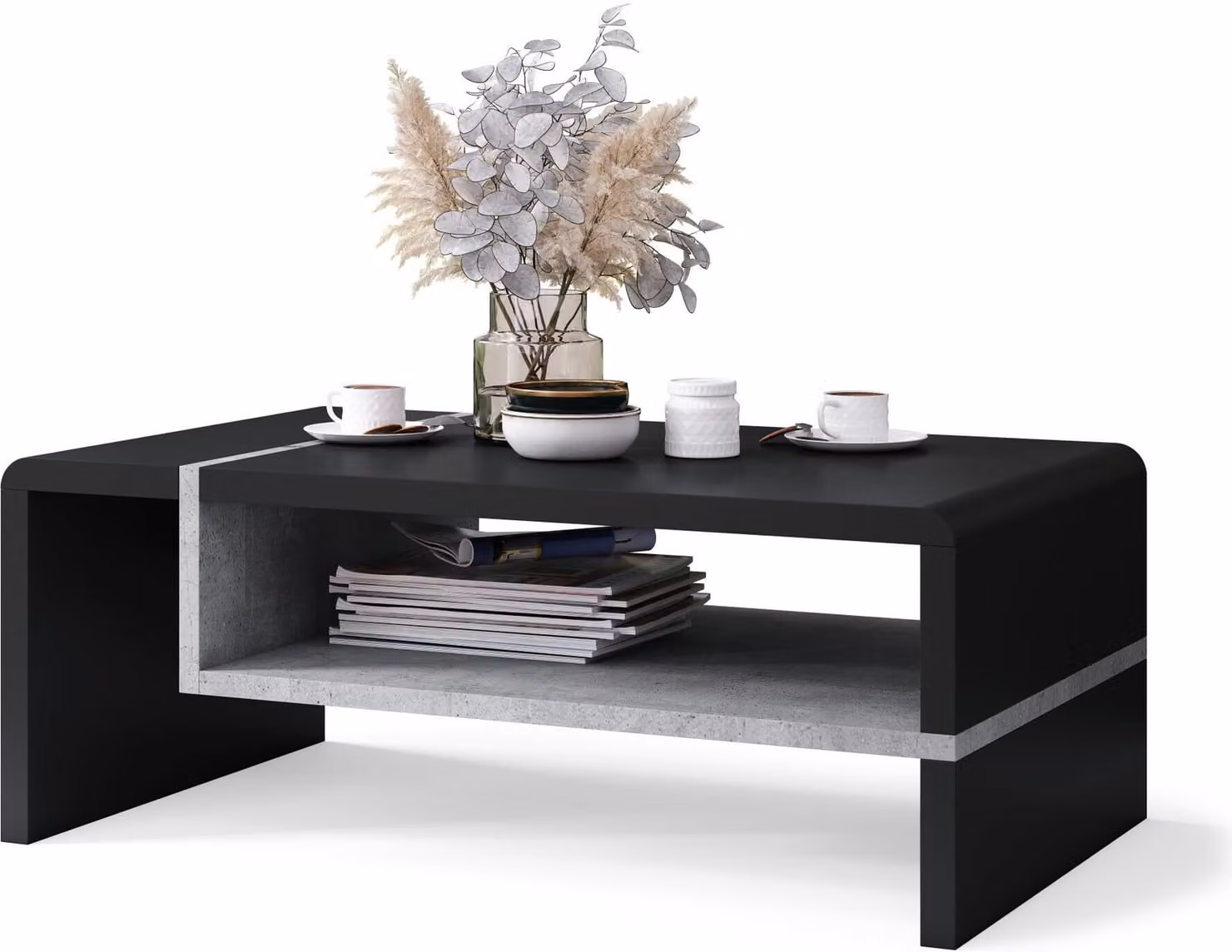 Tavolino All4All, modello "Figo", piccolo tavolino da caffè, tavolino per il soggiorno, tavolino da divano con piano, dimensioni 100x60 cm, colore nero e cemento