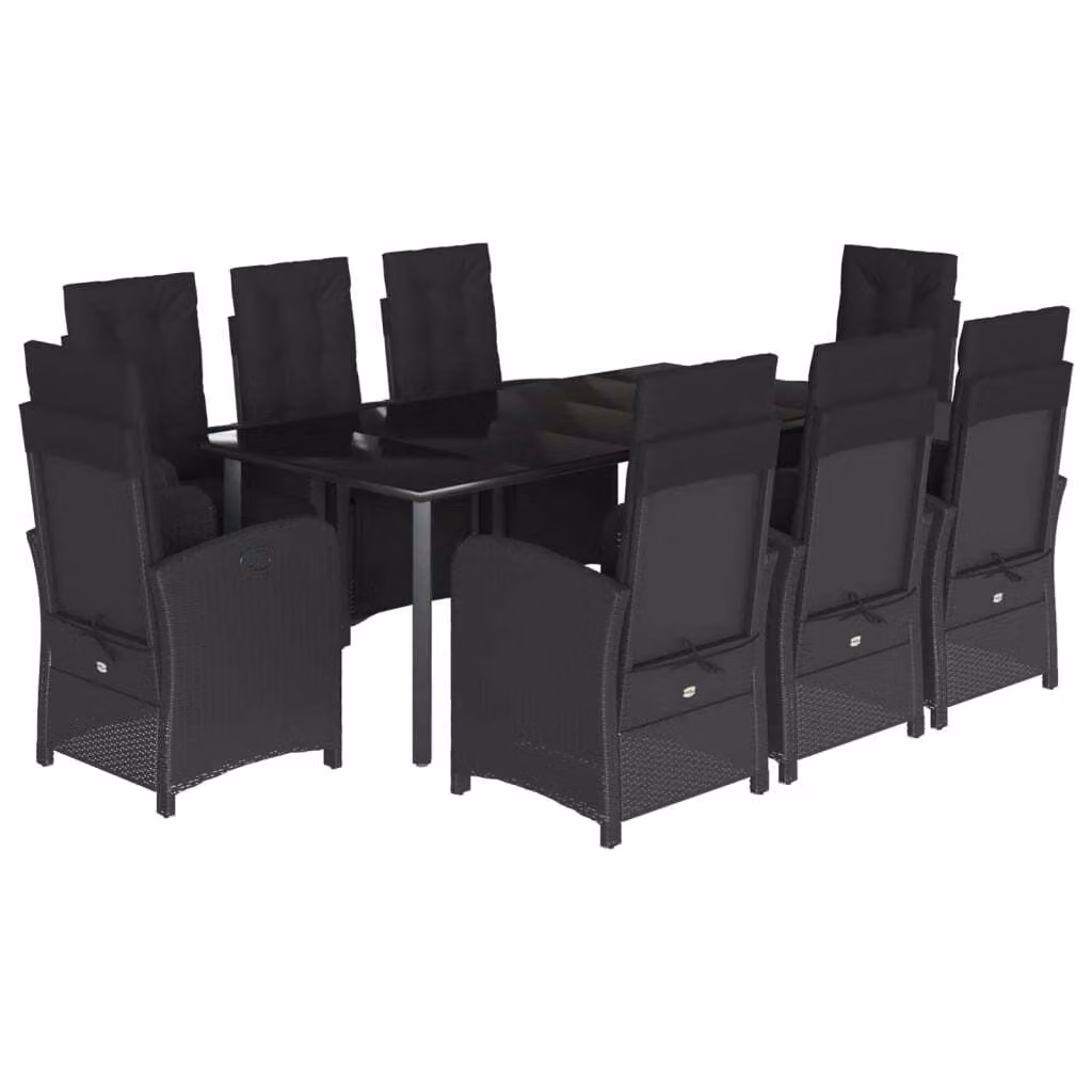 Set da Pranzo da Giardino 9 pz con Cuscini Nero in Polyrattan