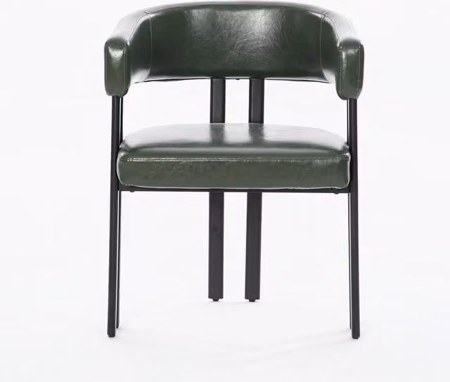 Sedia da pranzo moderna con braccioli e schienale curvo imbottito in similpelle verde e struttura in metallo
