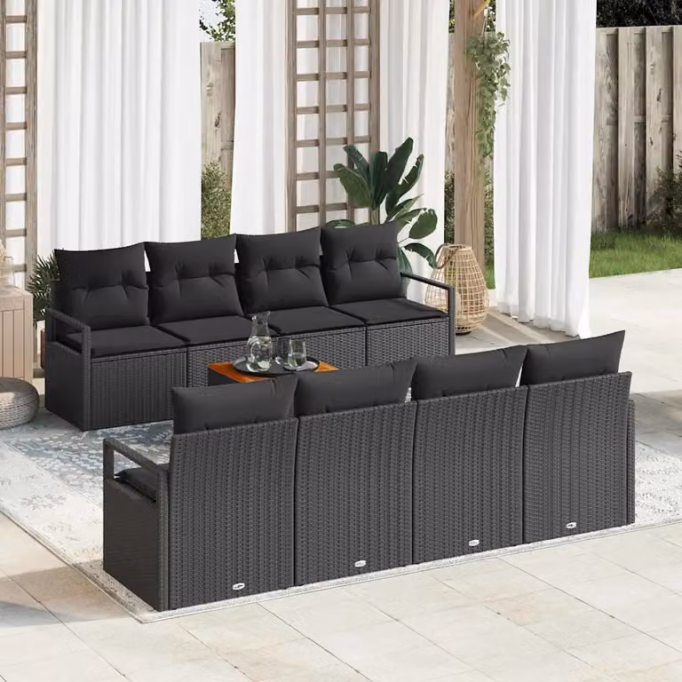 Set Divano da Giardino Moderno vidaXL in Polyrattan Nero con Cuscini e Contenitore per l'Archiviazione