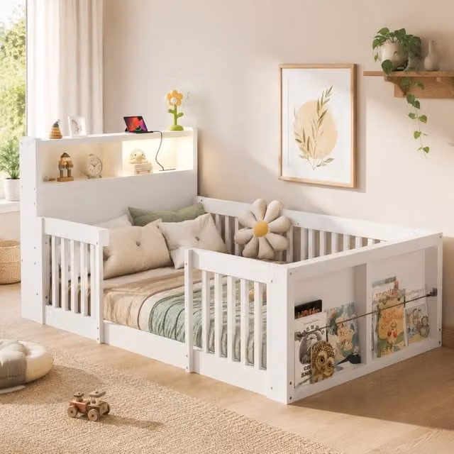 Letto 90x190 cm con sponde alte; USB; luce notturna e vano portaoggetti in legno bianco