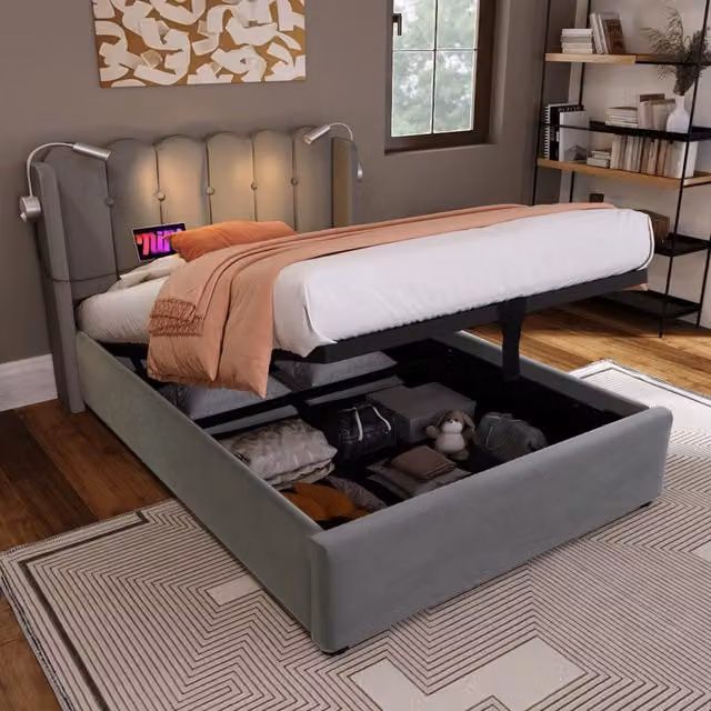Letto Singolo Imbottito con Testiera LED e Contenitore ¨C MINIMAL ¨C Velluto Grigio 90x200
