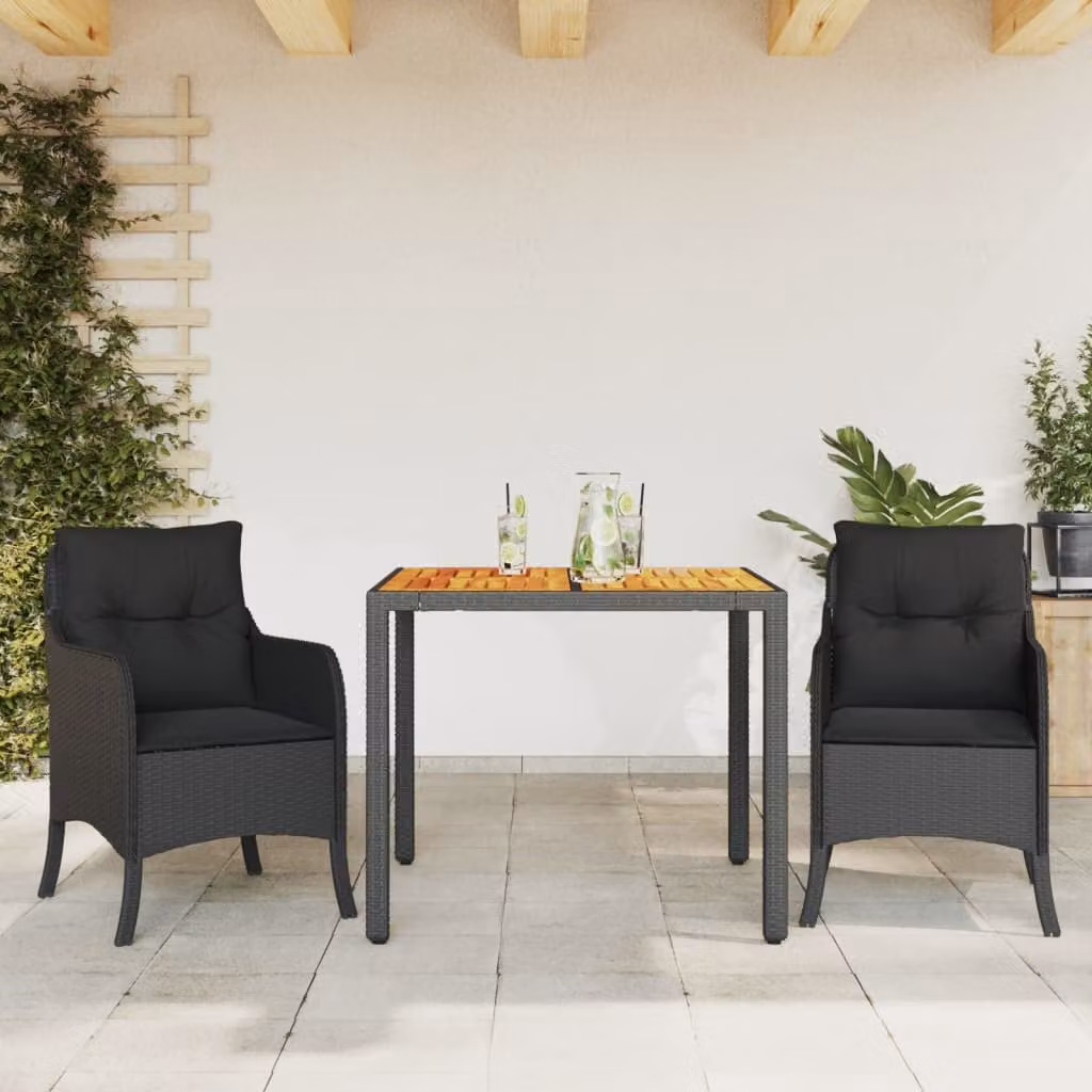 Set da pranzo da giardino vidaXL in polyrattan e legno di acacia nero con 3 pezzi e cuscini