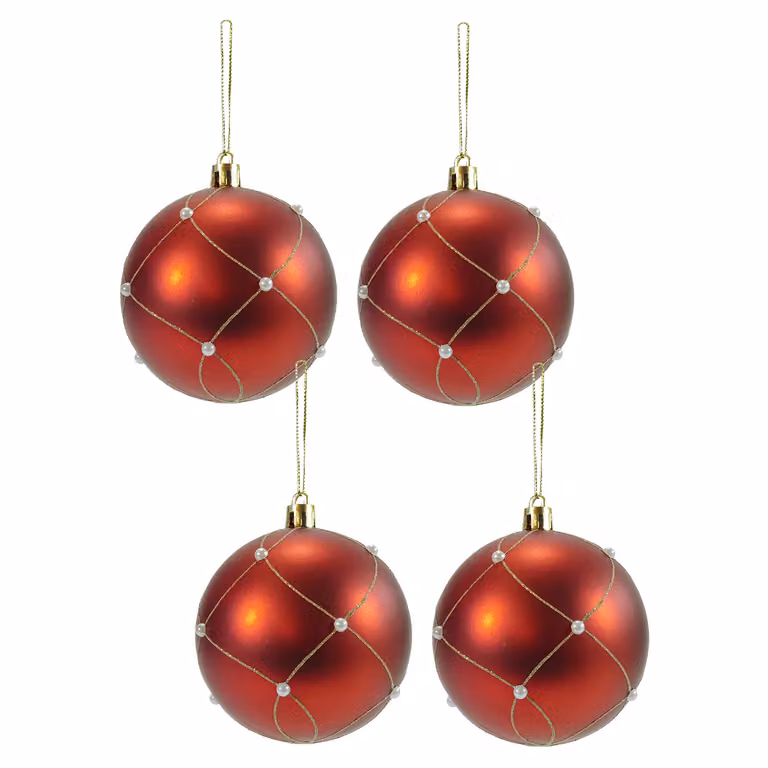Set di 4 palline di Natale rosse con perle VESTIAMO CASA, diametro: 10 cm