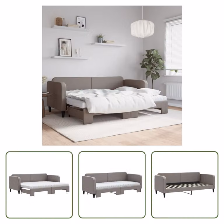 The Living Store Letto da giorno allungabile con materassi Taupe 80x200 cm in tessuto
