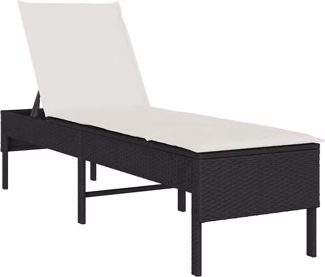 Lettino prendisole in polyrattan con cuscino nero e poggiatesta regolabile, L/P/H: 200 x 55 x 44 cm